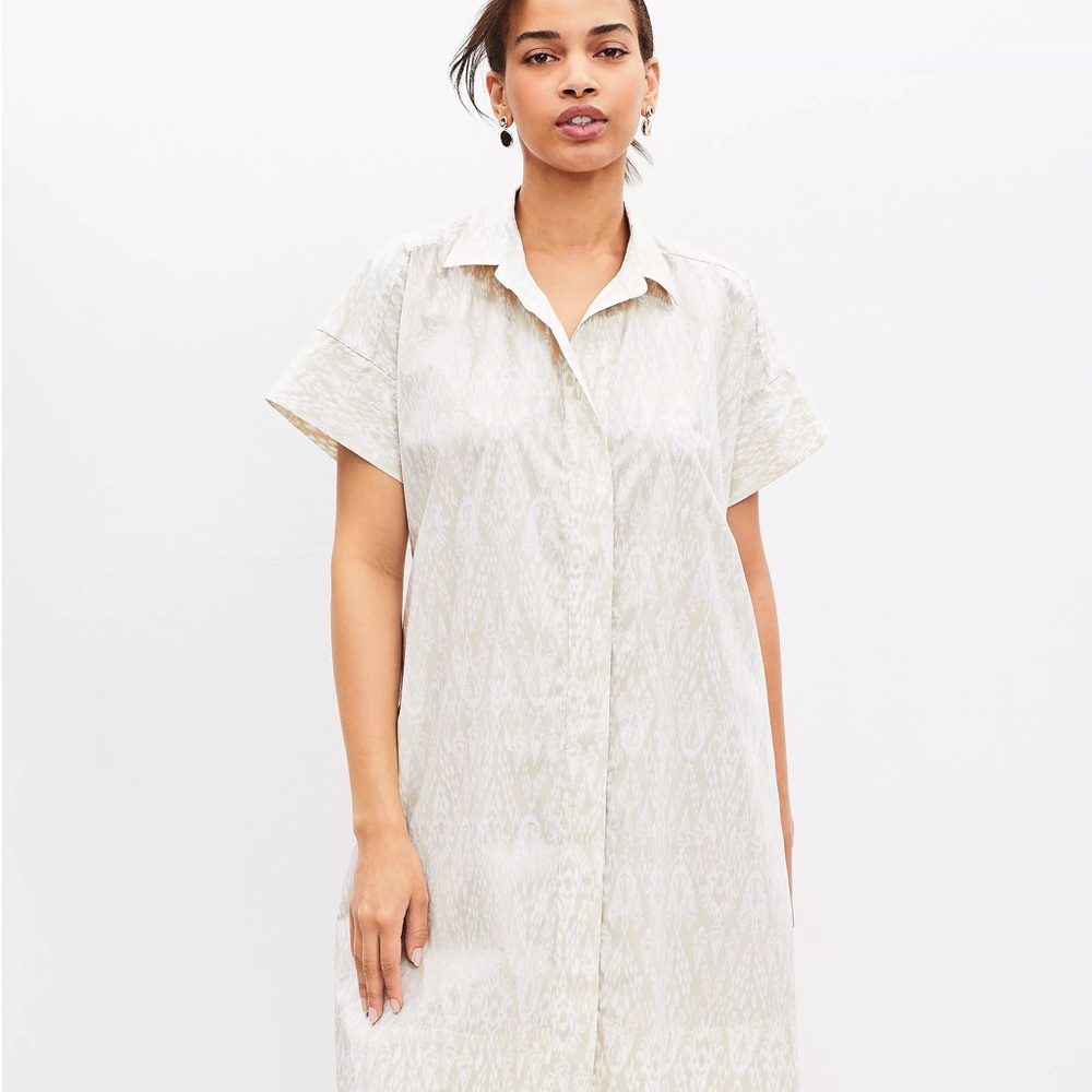 Loft Poplin Short Sleeve Pocket Shirtdress Cream. Short Sleeve Button-Up Dress